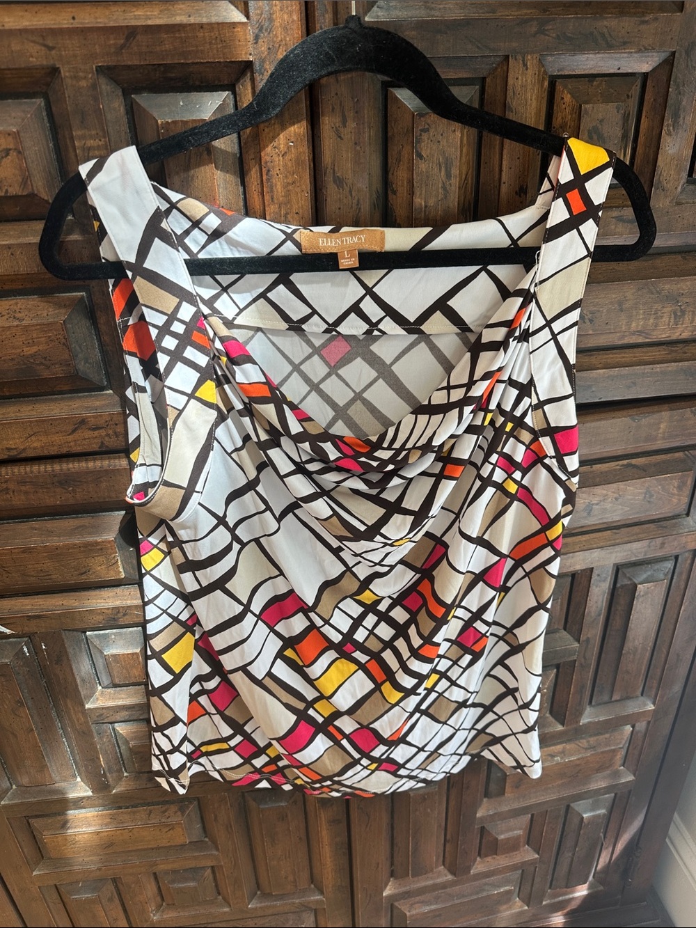 Ellen Tracy White Geometric Print Sleeveless Cowl Neck Top